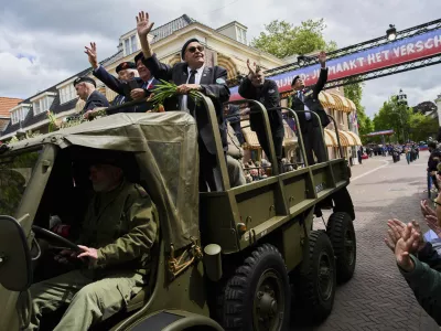 World War II veterans take part in a parade to mark Liberation Day in Wageningen, Netherlands, Monday, May 5, 2025. (AP Photo/Peter Dejong)