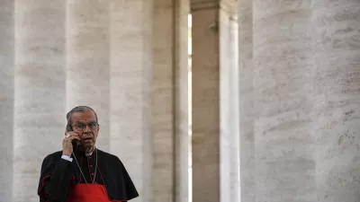 Cardinal Gregorio Rosa Chavez leaves the Vatican, Saturday, May 3, 2025, after attending a session of the General Congregation of cardinals in the New Synod Hall where they are preparing for the upcoming conclave starting on May 7, to elect the 267th Roman pontiff. (AP Photo/Andrew Medichini)