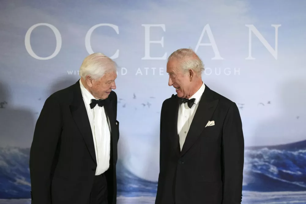 Britain's King Charles III meets broadcaster and biologist David Attenborough as he attends the 'Ocean with David Attenborough' Film Premiere in London, Tuesday, May 6, 2025.(AP Photo/Alastair Grant, Pool)
