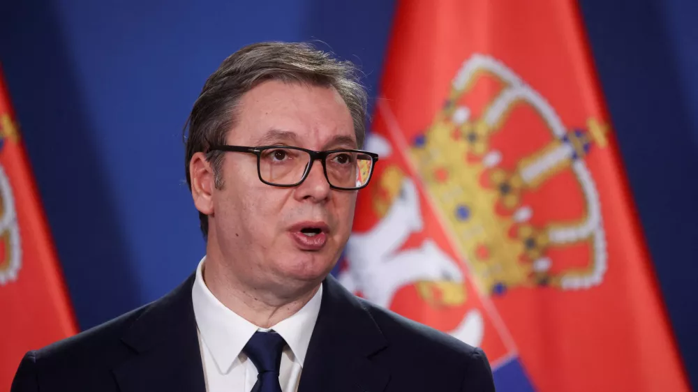 FILE PHOTO: Serbian President Aleksandar Vucic gives a statement next to Hungarian Prime Minister Viktor Orban (not pictured) after the countries' bilateral committee for strategic cooperation meeting in Budapest, Hungary, November 14, 2024. REUTERS/Bernadett Szabo/File Photo