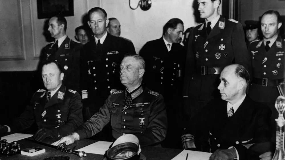 1709216 The leaders of the three armies during signature of the German capitulation: l-r: General Hans Juergen Stumpff, Luftwaffe commander-in-chief, marshal Wilhelm Keitel, Wehrmacht chief of Staff, General admiral Hans Georg Von Friedebourg Kriegsmarine commander-in-chief on May 8, 1945 in marshal Joukov headquarter in Berlin, photo NARA; (add.info.: The leaders of the three armies during signature of the german capitulation: l-r: general Hans Juergen Stumpff, Luftwaffe commander-in-chief, marshal Wilhelm Keitel, Wehrmacht chief of Staff, general admiral Hans Georg Von Friedebourg Kriegsmarine commander-in-chief on may 8, 1945 in marshal Joukov headquarter in Berlin, photo NARA). Content within this photograph may require additional clearances (eg: trademark and personality rights) depending on Licensee's specific use of material, which may include book and magazine cover use. No Use Germany. No Use Italy.