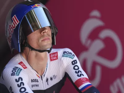 Slovenia's Primoz Roglic at the start of the time trial stage 2 of the Giro d'Italia cycling race, in Tirana, Albania, Saturday, May 10, 2025. (Gian Mattia D'Alberto/LaPresse via AP)