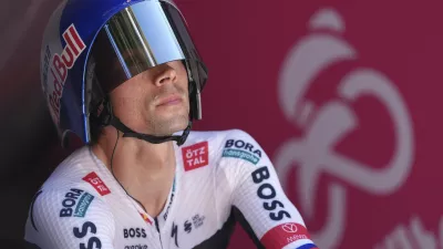 Slovenia's Primoz Roglic at the start of the time trial stage 2 of the Giro d'Italia cycling race, in Tirana, Albania, Saturday, May 10, 2025. (Gian Mattia D'Alberto/LaPresse via AP)