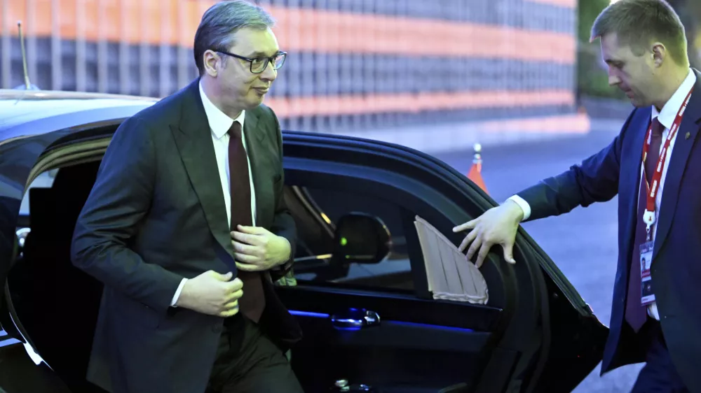 Serbia's President Aleksandar Vucic arrives at the Kremlin for a meeting with Russian President Vladimir Putin, in Moscow, Russia, Friday, May 9, 2025, during celebrations of the 80th anniversary of the Soviet Union's victory over Nazi Germany during the World War II. (Alexander Nemenov/Pool Photo via AP)