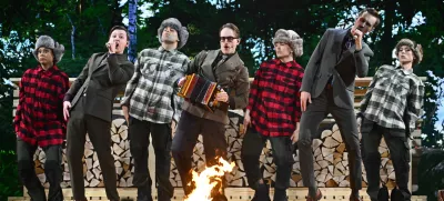 The music group KAJ performs the song 'Bara bada bastu' during the final of the Melodifestivalen song contest at Strawberry Arena in Stockholm, Sweden, Saturday, March 8, 2025. (Anders Wiklund/TT News Agency via AP)