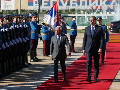 European Council President Antonio Costa reviews an honor guard with Serbian President Aleksandar Vucic as he arrives in Belgrade, Serbia, May 13, 2025. REUTERS/Zorana Jevtic