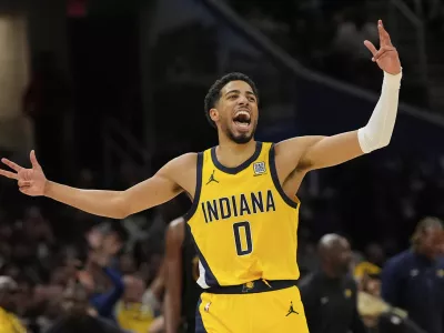 Indiana Pacers guard Tyrese Haliburton celebrates after scoring during the second half in Game 5 of an Eastern Conference semifinal NBA basketball playoff against the Cleveland Cavaliers, Tuesday, May 13, 2025, in Cleveland. (AP Photo/Sue Ogrocki)