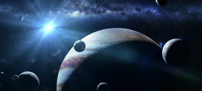 artist's interpretation of the stormy gas giant with the red dot