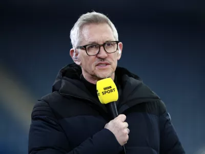 FILED - 21 March 2021, United Kingdom, Leicester: Presenter Gary Lineker speaks while covering the FA Cup quarter-final soccer match between Leicester City and Manchester United at the King Power Stadium. Linkener who leave the BBC after this weekend's Match Of The Day. Photo: Ian Walton/PA Wire/dpa