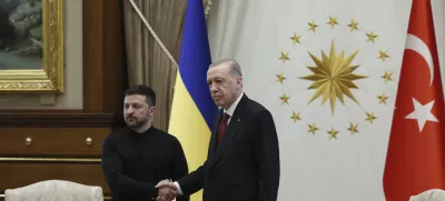 In this handout photo released by Turkish Presidency, Turkish President Recep Tayyip Erdogan, right, shakes hands with his Ukrainian counterpart Volodymyr Zelenskyy during their meeting at the Presidential palace in Ankara, Thursday, May 15, 2025. (Turkish Presidency via AP)