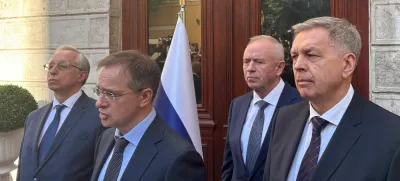 Russia's Deputy Foreign Minister Mikhail Galuzin, presidential adviser Vladimir Medinsky, Deputy Defence Minister Alexander Fomin and Chief of the Main Directorate of the General Staff of the Russian Armed Forces Igor Kostyukov, who are members of the delegation for peace talks with Ukraine, meet with journalists in Istanbul, Turkey, May 15, 2025. REUTERS/Vladimir Soldatkin