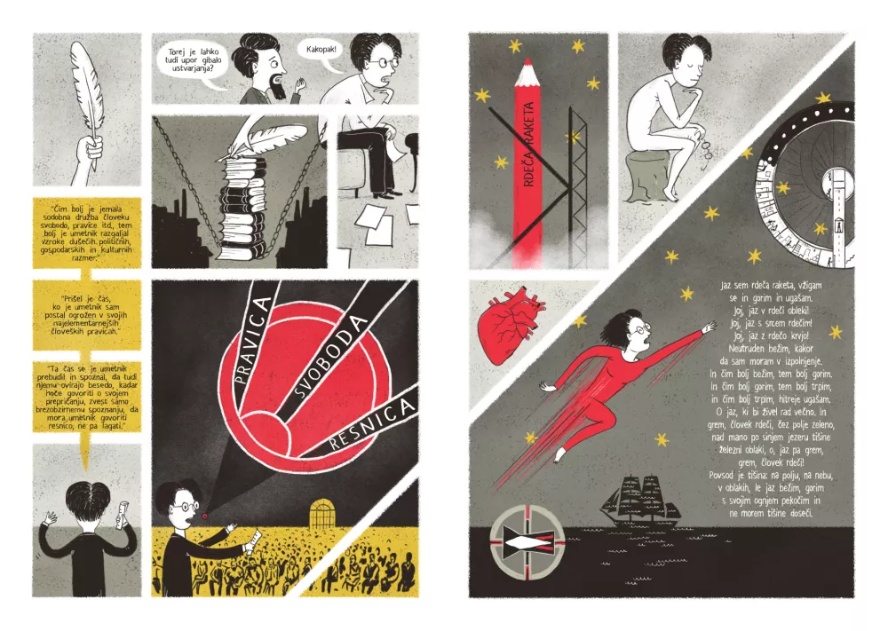 Glavna pripovedna os Srečkonstripa je pogovor med pesnikom in novinarjem, ki ga prekinjajo Kosovelove pesmi, pa tudi njegove asociacije in fantazije v navezi z različnimi ilustrativnimi primeri konstruktivizma. Foto: Zavod &Scaron;krateljc