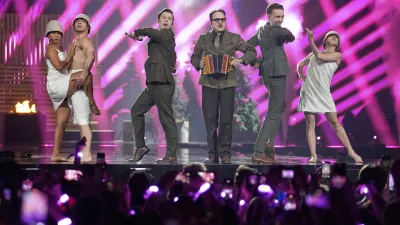 KAJ from Sweden performs the song "Bara Bada Bastu" during the Grand Final of the 69th Eurovision Song Contest, in Basel, Switzerland, Saturday, May 17, 2025. (AP Photo/Martin Meissner)