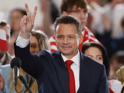 Warsaw Mayor Rafal Trzaskowski, the presidential candidate of the Civic Coalition reacts to the exit poll for the first round of Poland's presidential election, in Sandomierz, Poland, May 18, 2025. REUTERS/Kacper Pempel