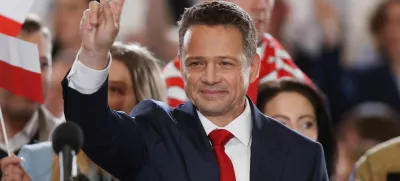 Warsaw Mayor Rafal Trzaskowski, the presidential candidate of the Civic Coalition reacts to the exit poll for the first round of Poland's presidential election, in Sandomierz, Poland, May 18, 2025. REUTERS/Kacper Pempel