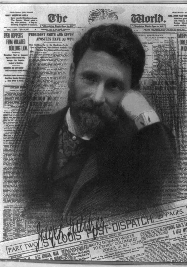 Kromolitografija s podobo Josepha Pulitzerja, prekrita s kolažem njegovih časopisov. Gre za delo neznanega avtorja iz leta 1904. / Foto: arhiv Kongresne knjižnice / Foto: Library Of Congress