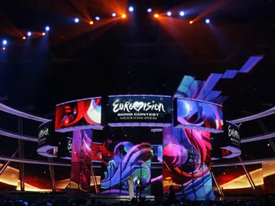A general view of the stage of the 2009 Eurovision Song Contest at the Olympic Stadium, where the contest will be held, in Moscow, Russia, Monday, May 11, 2009.(AP Photo/Sergey Ponomarev)