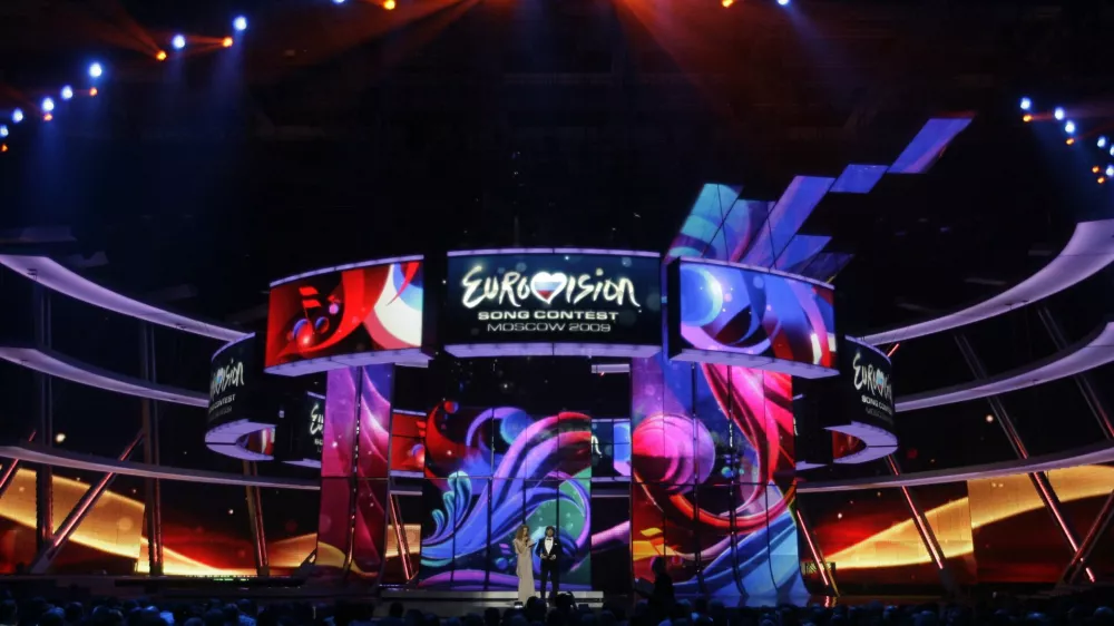 A general view of the stage of the 2009 Eurovision Song Contest at the Olympic Stadium, where the contest will be held, in Moscow, Russia, Monday, May 11, 2009.(AP Photo/Sergey Ponomarev)