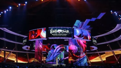 A general view of the stage of the 2009 Eurovision Song Contest at the Olympic Stadium, where the contest will be held, in Moscow, Russia, Monday, May 11, 2009.(AP Photo/Sergey Ponomarev)