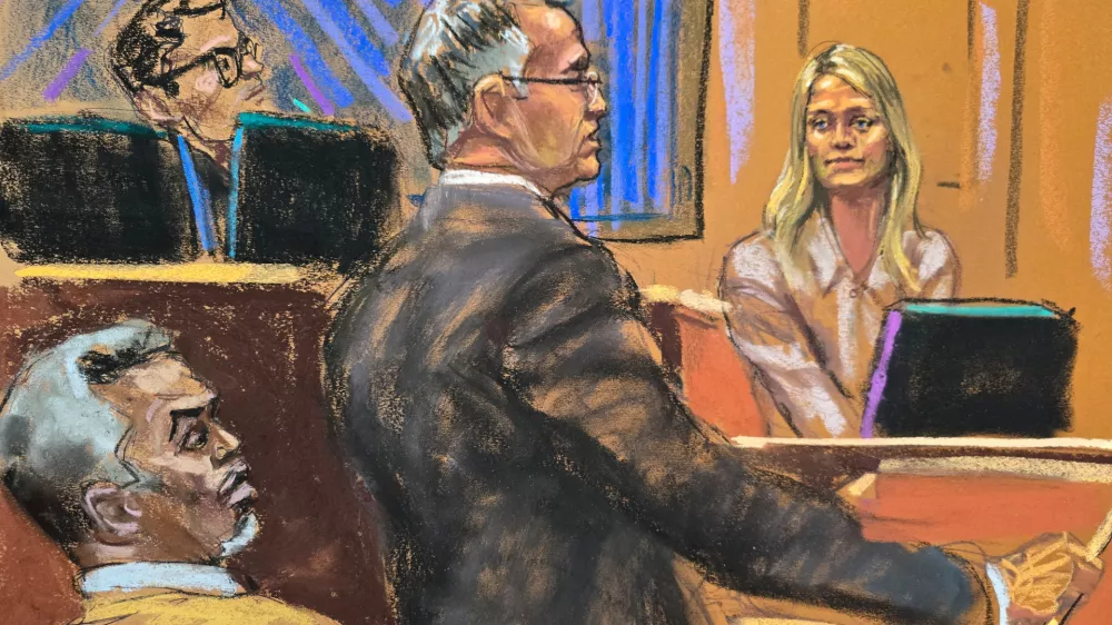 Sean "Diddy" Combs's lawyer Marc Agnifilo cross examines Kerry Morgan before U.S. District Judge Arun Subramanian at Combs' sex trafficking trial in New York City, New York, U.S., May 19, 2025 in this courtroom sketch. REUTERS/Jane Rosenberg