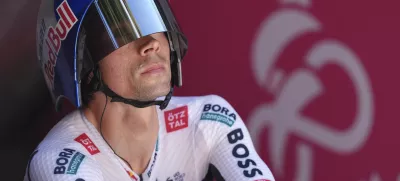 Slovenia's Primoz Roglic at the start of the time trial stage 2 of the Giro d'Italia cycling race, in Tirana, Albania, Saturday, May 10, 2025. (Gian Mattia D'Alberto/LaPresse via AP)