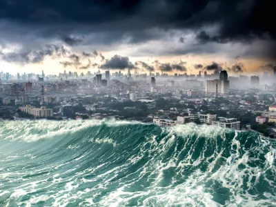 Aerial View Of City Against Cloudy Sky