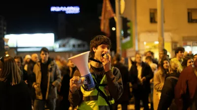 A demonstrator chants slogans as Belgrade University students participate in a 24-hour blockade of a major junction during a protest against what demonstrators claim are government policies, corruption, and negligence blamed for the deaths in the November 2024 Novi Sad railway station disaster, in Belgrade, Serbia, January 27, 2025. REUTERS/Djordje Kojadinovic