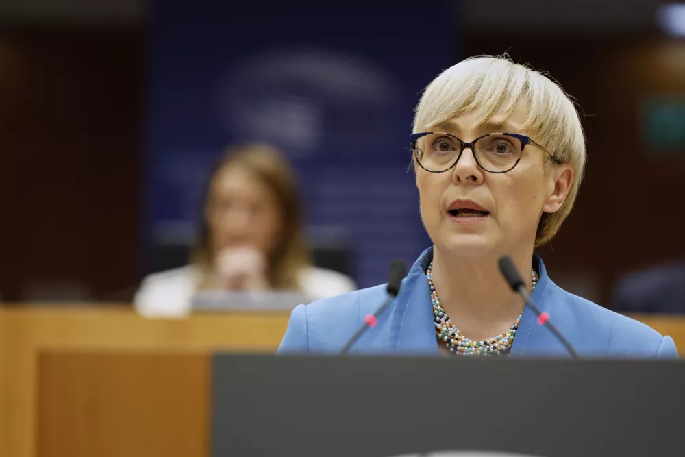Slovenia's President Natasa Pirc Musar addresses the audience during a plenary session at the European Parliament building in Brussels, Wednesday, May 21, 2025. (AP Photo/Geert Vanden Wijngaert)