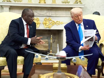 President Donald Trump meets South Africa's President Cyril Ramaphosa in the Oval Office of the White House, Wednesday, May 21, 2025, in Washington. (AP Photo/Evan Vucci)