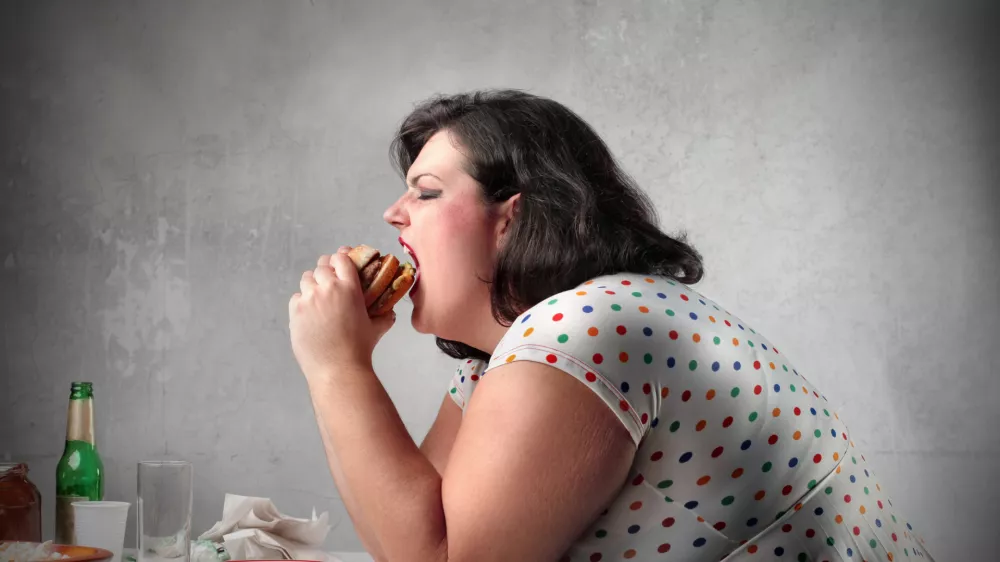 Fat woman sitting at table and eating a hamburger / Foto: Bowie15