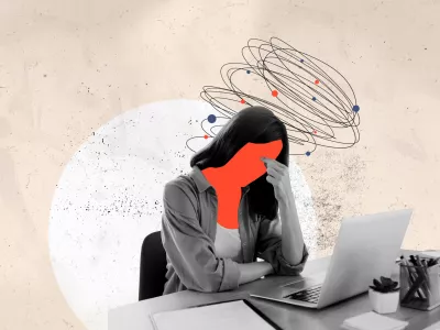 Trend artwork 3D photo collage sketch image of young sad stressed lady with headache burnout deadline overloaded tired work in office. / Foto: Deagreez