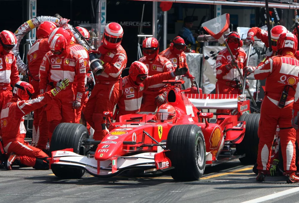 Germany's Ferrari driver Michael Schumacher starts after a pit stop during the Formula 1 Grand Prix of Germany at the Hockenheimring circuit in Hockenheim, southern Germany, on Sunday, July 30, 2006. Schumacher won the race. (AP Photo/Carmen Jaspersen, Pool)
