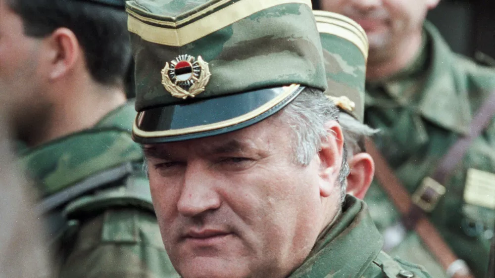 Bosnian Serb General Ratko Mladic leaves a meeting at the airport in Sarajevo, Bosnia and Herzegovina April 13, 1993. Picture taken April 13, 1993. REUTERS/Chris Helgren