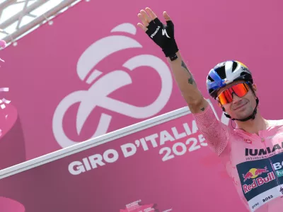 Primož Roglič of Red Bull - BORA - hansgrohe team, pink jersey, during the stage 3 of the Giro d'Italia from Valona (Vlore) to Valona (Vlore) Albania - Sunday, May 11, 2025. Sport - cycling. (Photo by Gian Mattia D'Alberto/LaPresse) // RCS Sports & Events / Red Bull Content Pool // SI202505120753 // Usage for editorial use only // 