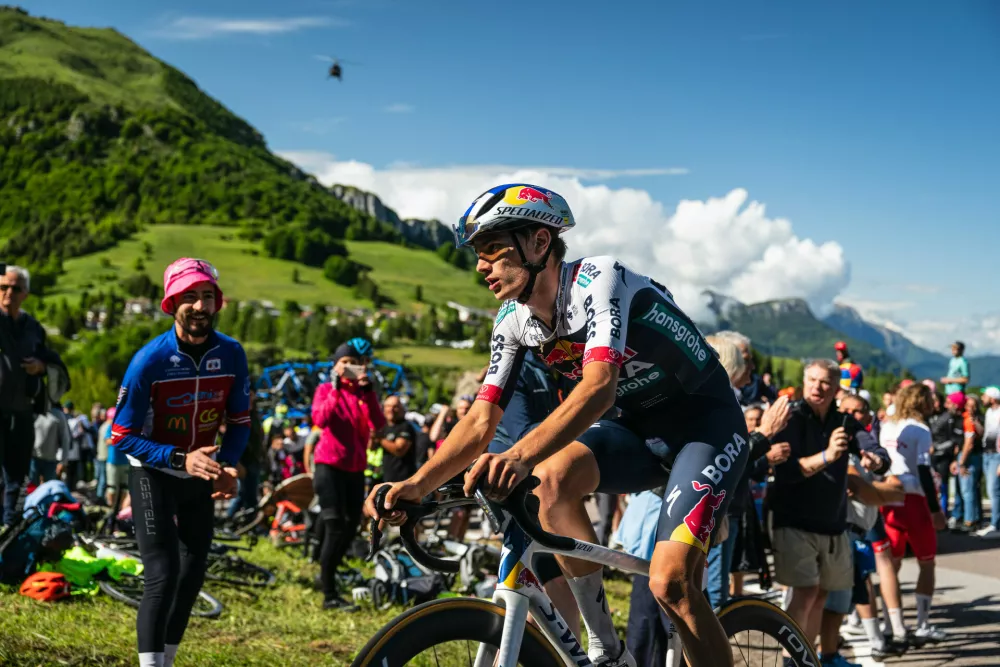 Giulio Pelizzari of Red Bull Bora Hansgrohe performs during Giro di Italia in San Valentino, Italy on May 27, 2025. // Charly L&oacute;pez / Red Bull Content Pool // SI202505271974 // Usage for editorial use only // 