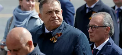 FILE PHOTO: Bosnian Serb leader Milorad Dodik leaves after a military parade on Victory Day, marking the 80th anniversary of the victory over Nazi Germany in World War Two, in Red Square in central Moscow, Russia, May 9, 2025. REUTERS/Maxim Shemetov/File Photo