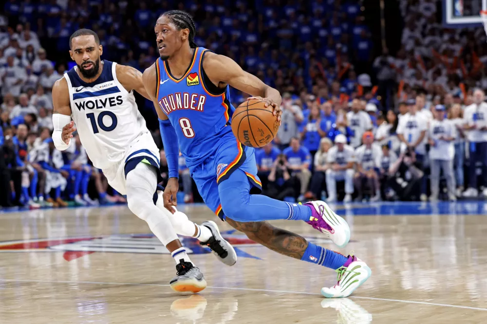 May 28, 2025; Oklahoma City, Oklahoma, USA; Oklahoma City Thunder forward Jalen Williams (8) drives to the basket against Minnesota Timberwolves guard Mike Conley (10) during the fourth quarter in game five of the western conference finals for the 2025 NBA Playoffs at Paycom Center. Mandatory Credit: Alonzo Adams-Imagn Images