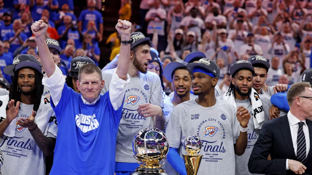 May 28, 2025; Oklahoma City, Oklahoma, USA; Oklahoma City Thunder chairman Clay Bennett celebrates after his team beat the Minnesota Timberwolves in game five to win the western conference finals for the 2025 NBA Playoffs at Paycom Center. Mandatory Credit: Alonzo Adams-Imagn Images