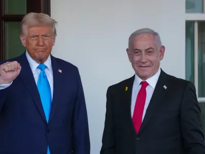 04 February 2025, US, Washington: US&nbsp;President Donald Trump receives Israeli Prime Minister Benjamin Netanyahu at the White House. Photo: Andrew Leyden/ZUMA Press Wire/dpa
