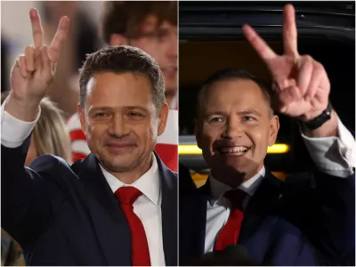 A combination picture shows two leading candidates in the Polish presidential election, Karol Nawrocki, a candidate for Polish presidential election supported by Poland's main opposition party Law and Justice (PiS), showing a victory sign after a final debate, in front of the Polish Television building in Warsaw, Poland, May 23, 2025, and Warsaw Mayor Rafal Trzaskowski, the presidential candidate of the Civic Coalition, showing a victory sign as he reacts to exit polls for the first round of Poland's presidential election, in Sandomierz, Poland, May 18, 2025. REUTERS/Kacper Pempel