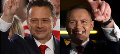 A combination picture shows two leading candidates in the Polish presidential election, Karol Nawrocki, a candidate for Polish presidential election supported by Poland's main opposition party Law and Justice (PiS), showing a victory sign after a final debate, in front of the Polish Television building in Warsaw, Poland, May 23, 2025, and Warsaw Mayor Rafal Trzaskowski, the presidential candidate of the Civic Coalition, showing a victory sign as he reacts to exit polls for the first round of Poland's presidential election, in Sandomierz, Poland, May 18, 2025. REUTERS/Kacper Pempel