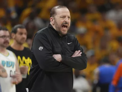 New York Knicks head coach Tom Thibodeau yells from the sideline during the first half of Game 6 of the Eastern Conference finals of the NBA basketball playoffs against the Indiana Pacers in Indianapolis, Saturday, May 31, 2025. (AP Photo/Michael Conroy)