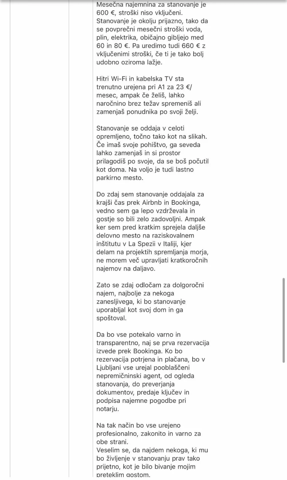 Izmenjava sporočil med ''lastnico'' in skeptičnim najemnikom. Vir: zajem zaslona