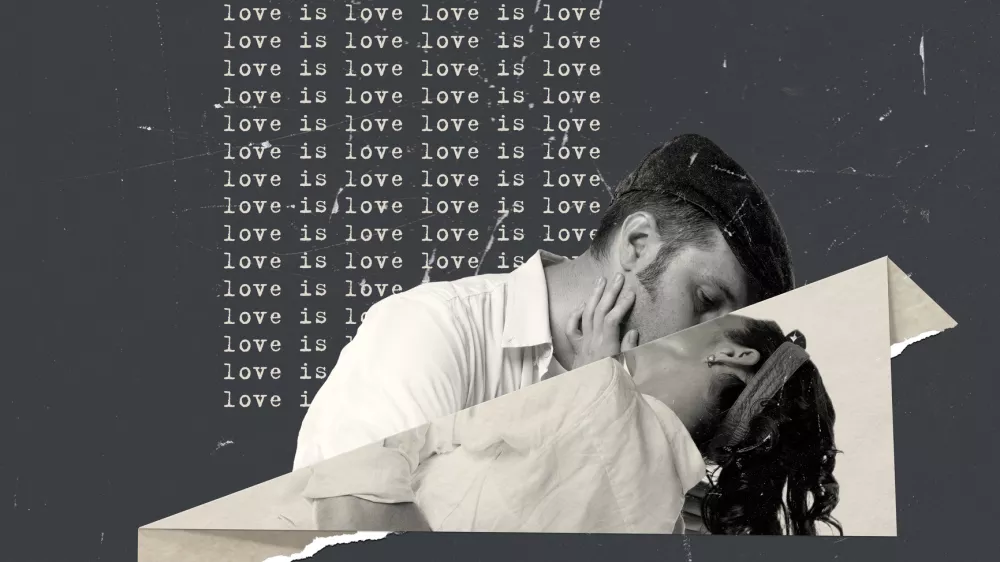 Contemporary art collage. Creative design in retro style. Lovely young couple, man and woman kissing. Anniversary time. Concept of relationship, Valentine's Day, love, feelings. Copy space for ad / Foto: Anton Vierietin