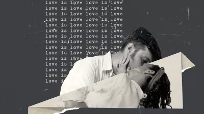 Contemporary art collage. Creative design in retro style. Lovely young couple, man and woman kissing. Anniversary time. Concept of relationship, Valentine's Day, love, feelings. Copy space for ad / Foto: Anton Vierietin