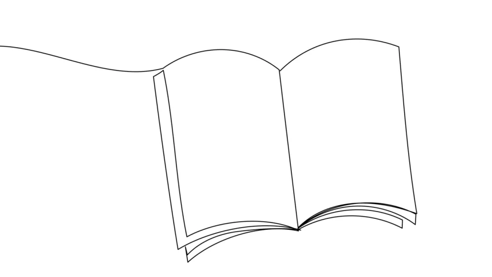 Line Art Open Book Illustration. Reading and Education Concept. Library and Book Shop Advertising Outline Design. Doodle Curved Outline Thin Stroke Contour Drawing. / Foto: Silkyinky