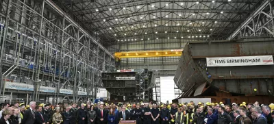Britain's Prime Minister Keir Starmer delivers his speech during a visit to the BAE Systems'Govan facility, in Glasgow, Scotland, Monday June 2, 2025. (Andy Buchanan, Pool Photo via AP)