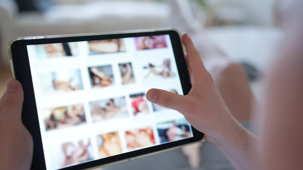 FILED - 14 April 2025, Hamburg: A young person looks at a porn website on a smartphone. Aylo, the company behind Pornhub, Redtube and Youporn, plans to block content from the afternoon onwards in protest at new French age verification regulations, local media reports said on Tuesday. Photo: Marcus Brandt/dpa