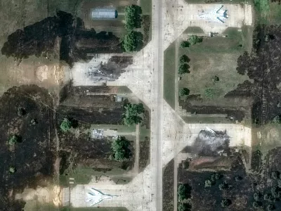 A satellite image shows destroyed TU 22 aircrafts in the aftermath of a drone strike at the Belaya air base, Irkutsk region, Russia, June 4, 2025, Maxar Technologies/Handout via REUTERS THIS IMAGE HAS BEEN SUPPLIED BY A THIRD PARTY. NO RESALES. NO ARCHIVES. MANDATORY CREDIT. MUST NOT OBSCURE LOGO.