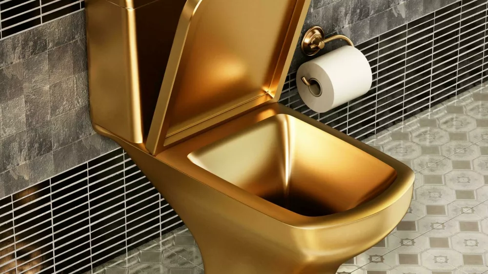 2D6YWG5 Golden toilet in luxury bathroom. 3D illustration.zlata &scaron;koljka